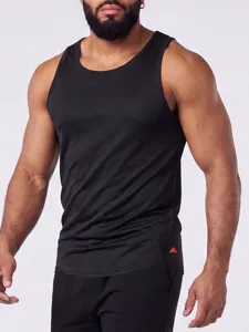 Detail view of men's black solid crew neck sleeveless fitness sports tank top for training.