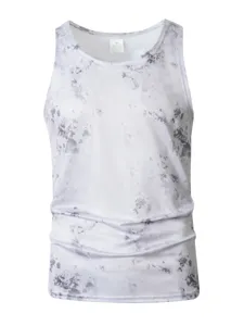 Men's sleeveless breathable fitness sports tank top, white tie-dye print detail view.