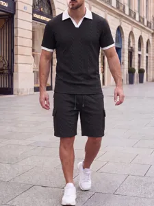 Men summer knit short sleeve polo shirt and shorts two piece set with contrast collar detail.