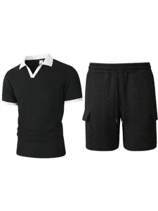 Men's black knit polo shirt and cargo shorts set with white contrast collar and cuffs.