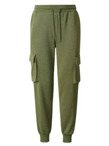 Men olive green waffle knit cargo sweatpants with elastic drawstring and utility pockets.