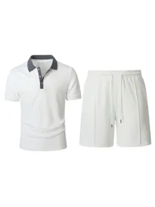 Men waffle knit polo shirt and shorts set casual short sleeve summer outfit white