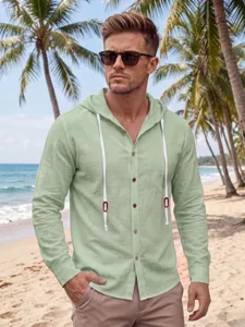 Chemise homme coton lin à capuche manches longues haut de plage style décontracté.
