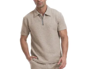 Herren Waffelstrick Viertelreissverschluss Polohemd Kurzarm Khaki Oberteil Mode Neu.