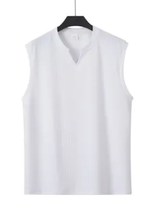 Close-up detail of white knitted ribbed V-neck men vest collar and soft breathable fabric.