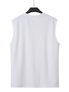 Men's white ribbed knit vest back view, slim fit athletic workout tank top for summer wear.