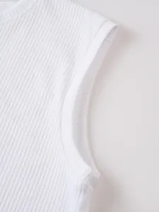 Men's white ribbed knit tank top detail, breathable slim fit casual gym sleeveless vest.