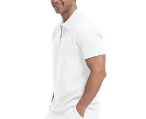 Herren weißes Waffelstrick Polo Shirt mit Halb-Reißverschluss Kurzarm Sportbekleidung
