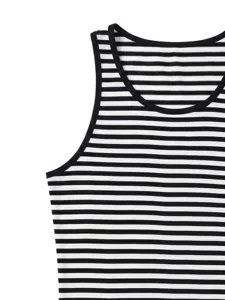 Detailed view of men's summer casual black and white striped sleeveless round neck tank top.