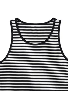 Men's casual black and white striped sleeveless tank top detail view, breathable summer top.