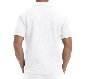 Herren weißes Waffelstrick Kurzarm Polohemd Rückseiten Detail, lässige Outdoorbekleidung.