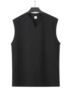 Men's solid black knit ribbed sleeveless vest with V-neck casual basic summer tank top detailed