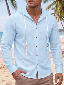 Homme chemise lin manches longues capuche bleu clair decontracte plage haut detail vue