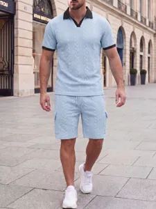 Stylish men summer casual knit short sleeve polo shirt and matching shorts two piece set