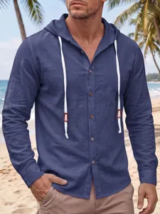 Chemise homme à capuche manches longues en lin décontracté plage style printemps.