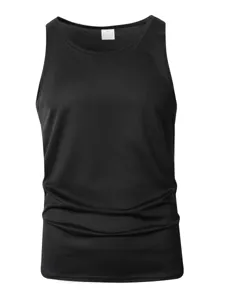 Detailed view of the black breathable mesh fabric and collar tag of men athletic tank top.