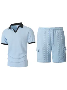 Men light blue cable knit short sleeve polo shirt and cargo shorts two piece set detail