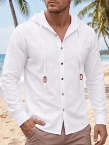 Chemise en lin blanche à manches longues et capuche pour homme, haut de plage décontracté