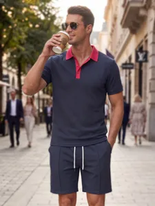 Men summer waffle knit polo shirt and shorts set with contrast lapel and drawstring.