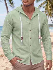 Chemise casual homme vert clair à capuche manches longues en lin et coton pour printemps.