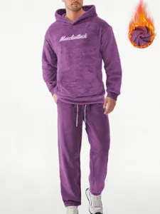 Uomo inverno spesso peluche felpa con cappuccio set tuta casual viola con ricamo caldo.