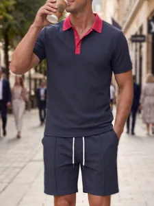 Urban street style men waffle knit polo shirt and shorts set in lifestyle detail shot.