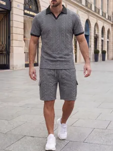 Men's Summer Casual Knit Jacquard Polo Shirt and Shorts Two-Piece Set in Grey Style