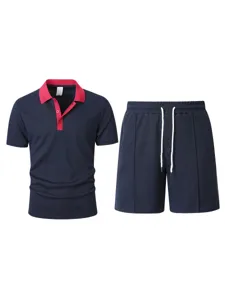Men's Waffle Knit Polo Shirt and Shorts Set Casual Summer Outfit Short Sleeve Navy Blue