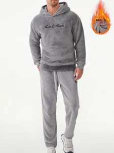 Uomo Inverno Grigio Pile Felpa Con Cappuccio E Pantaloni Set Ispessito Casual Tuta