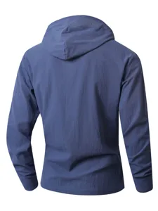 Chemise cardigan homme décontractée bleue à capuche en lin coton pour printemps automne.