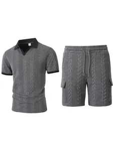 Men Casual Summer Knit Jacquard Short Sleeve Polo Shirt And Cargo Shorts Two Piece Set Gray