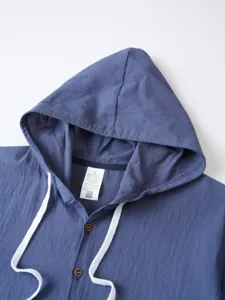 Chemise a capuche homme coton lin decontractee printemps automne multi boutons haut