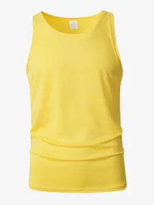 Detailed view of the breathable yellow men's athletic sleeveless tank top for sports training.