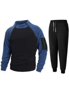 Ensemble survêtement polaire homme hiver chaud colorblock pull manches longues pantalon