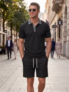 Detail view of men's summer waffle knit polo shirt and shorts set in casual street style.
