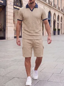 Men casual knit short sleeve polo shirt and shorts set with contrast collar and pockets.