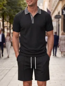 Detailed view of the waffle knit short sleeve polo shirt and matching casual shorts.