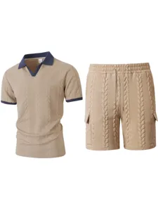 Detailed view of the knit polo shirt and cargo shorts set showing texture and collar design.