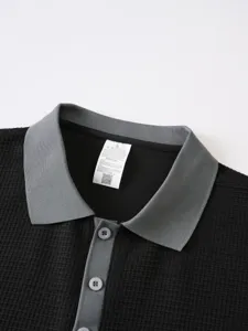 Men's waffle knit polo shirt collar detail, short sleeve casual top with contrast color.