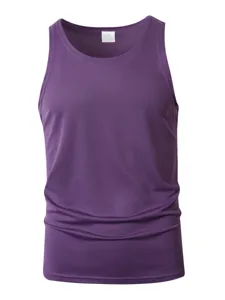 Purple athletic tank top detail view, sleeveless breathable mesh gym running workout shirt.