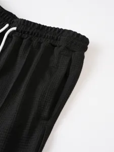 Men black waffle knit shorts waist detail spring summer casual daily wear comfortable pants
