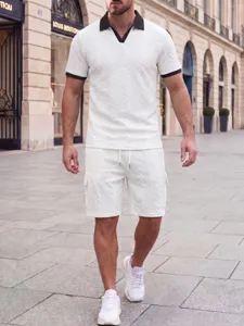 Men's summer knit short sleeve polo shirt and matching shorts casual two piece set white