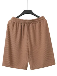 Herren Sommer Freizeithose gerippte kurze Hose braun locker Strandhose elastischer Bund