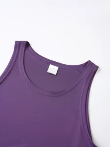 Men purple athletic tank top detail close-up, breathable mesh sleeveless fitness running vest.