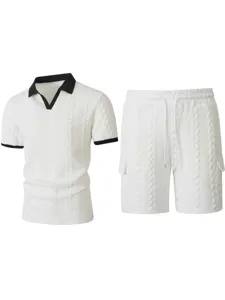 Detailed view of men's knit short sleeve polo shirt and cargo shorts matching set, white jacquard.