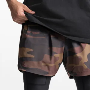 Hommes sport entrainement course camo short athletique sechage rapide fake deux-pieces