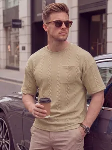 Heren ronde hals jacquard gestructureerd korte mouw t-shirt met borstzak top.