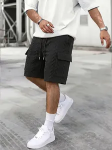 Men's casual textured cargo shorts with drawstring, comfortable summer beach wear details.