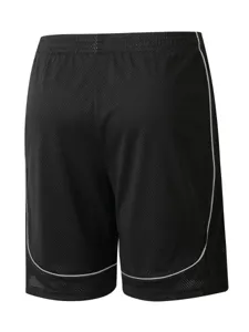 Vista posteriore dettagliata di pantaloncini sportivi in rete nera con bordatura bianca.