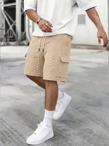 Men casual cable knit cargo shorts detail showing jacquard texture, adjustable drawstring.